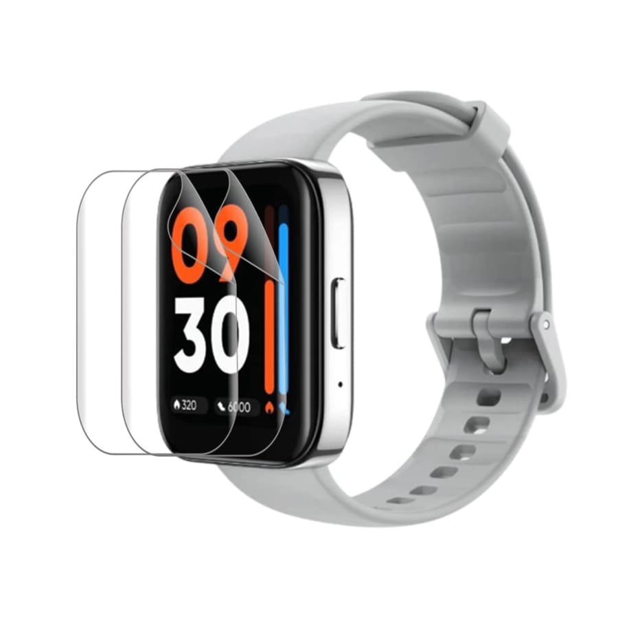 Six hydrogel screen protectors for Realme Watch 3, designed by That Watch Shop, displayed on a white background.