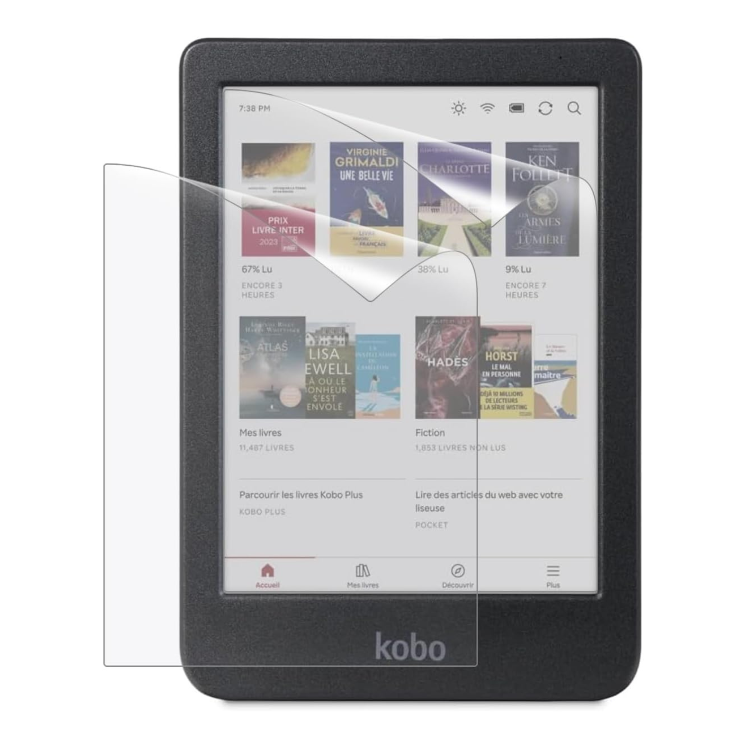Hydrogel screen protector for Kobo Clara Colour e-reader by 9eight5, showing a close-up of the transparent, flexible film covering the screen.