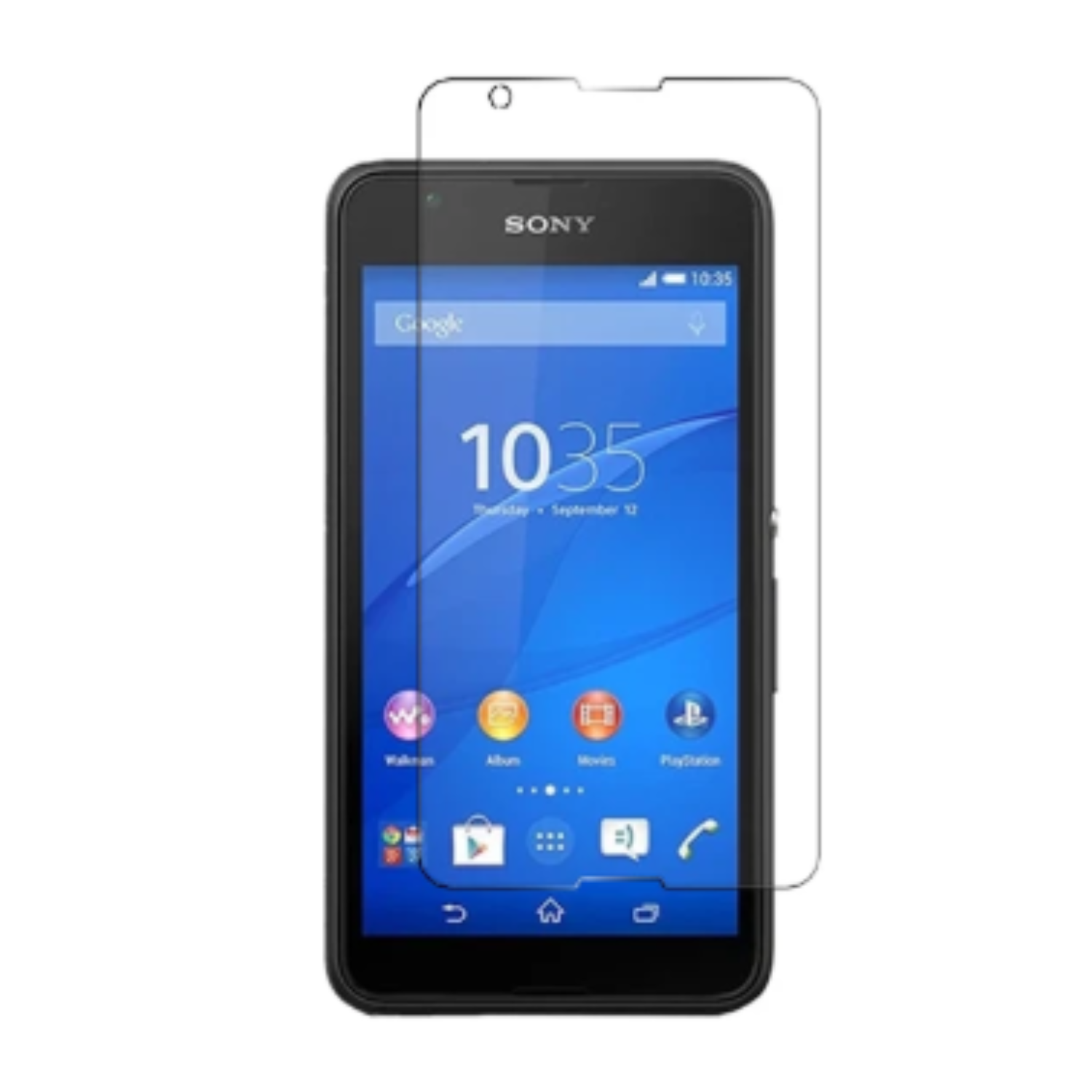 Hydrogel screen protector for Sony Xperia E4 by 9eight5, showing a clear, flexible film covering the phone screen.