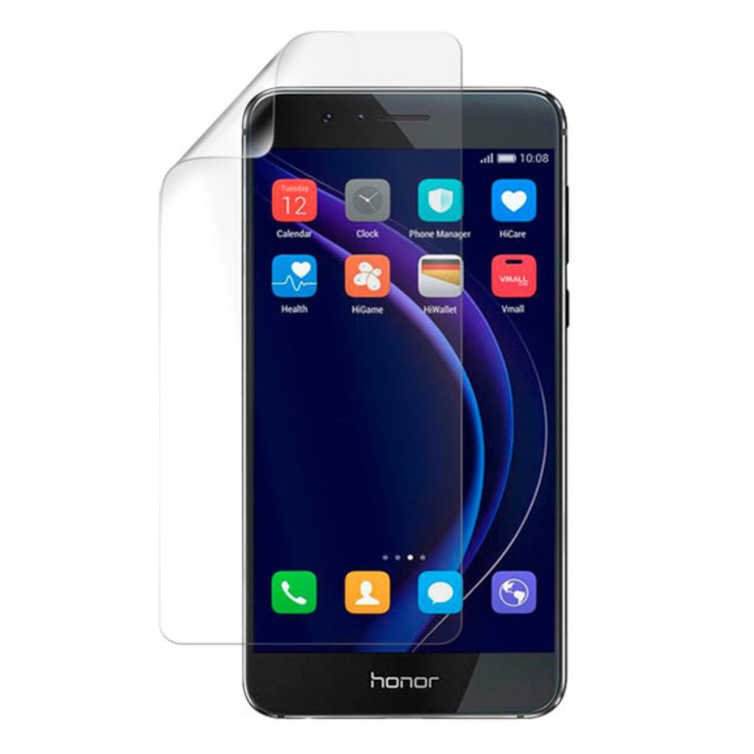 Transparent hydrogel screen protector for Honor 8 smartphone, showing installation process and precise fit by 9eight5.