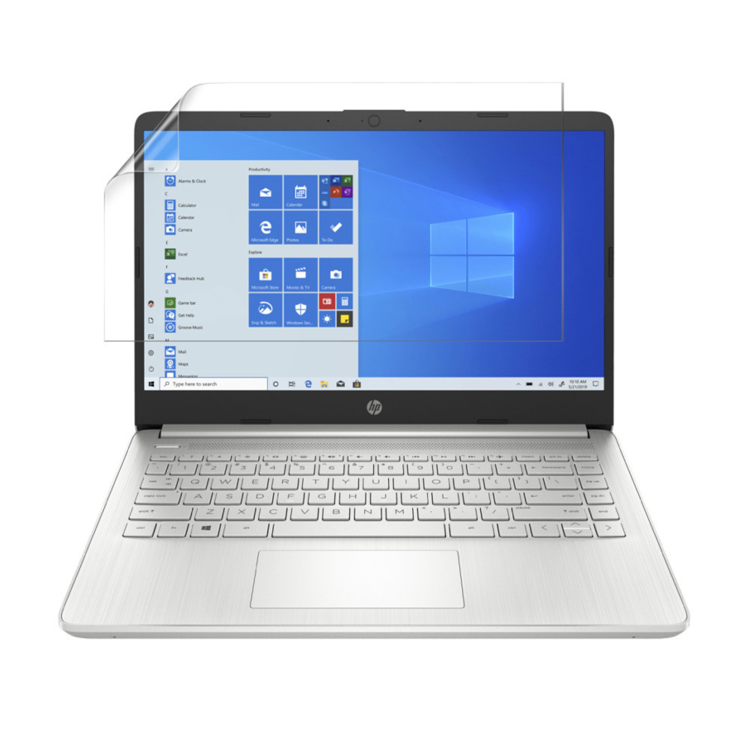 Hydrogel screen protector for HP 14s DQ20000 laptop, showing clear, flexible material fitting over the screen for protection.