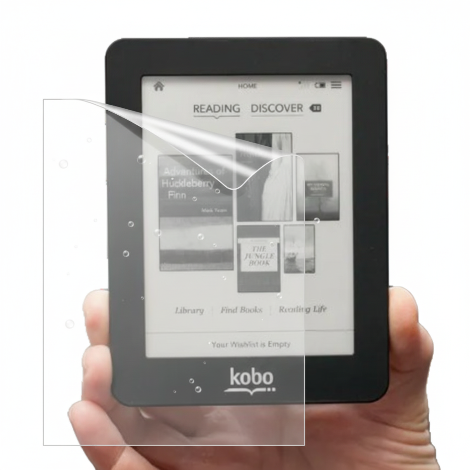 Two 9eight5 hydrogel screen protectors for Kobo Mini e-reader, showing the clear protective film and packaging.