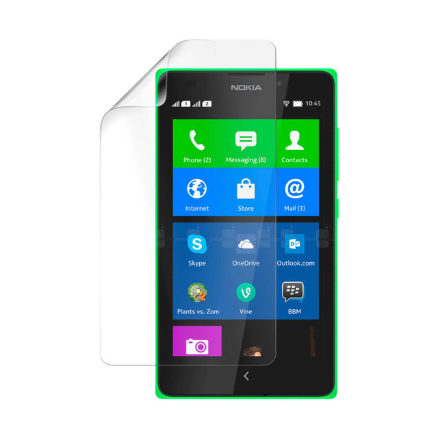 9eight5 hydrogel screen protector for Nokia XL, showing a clear, flexible film designed to protect the phone's screen from scratches.