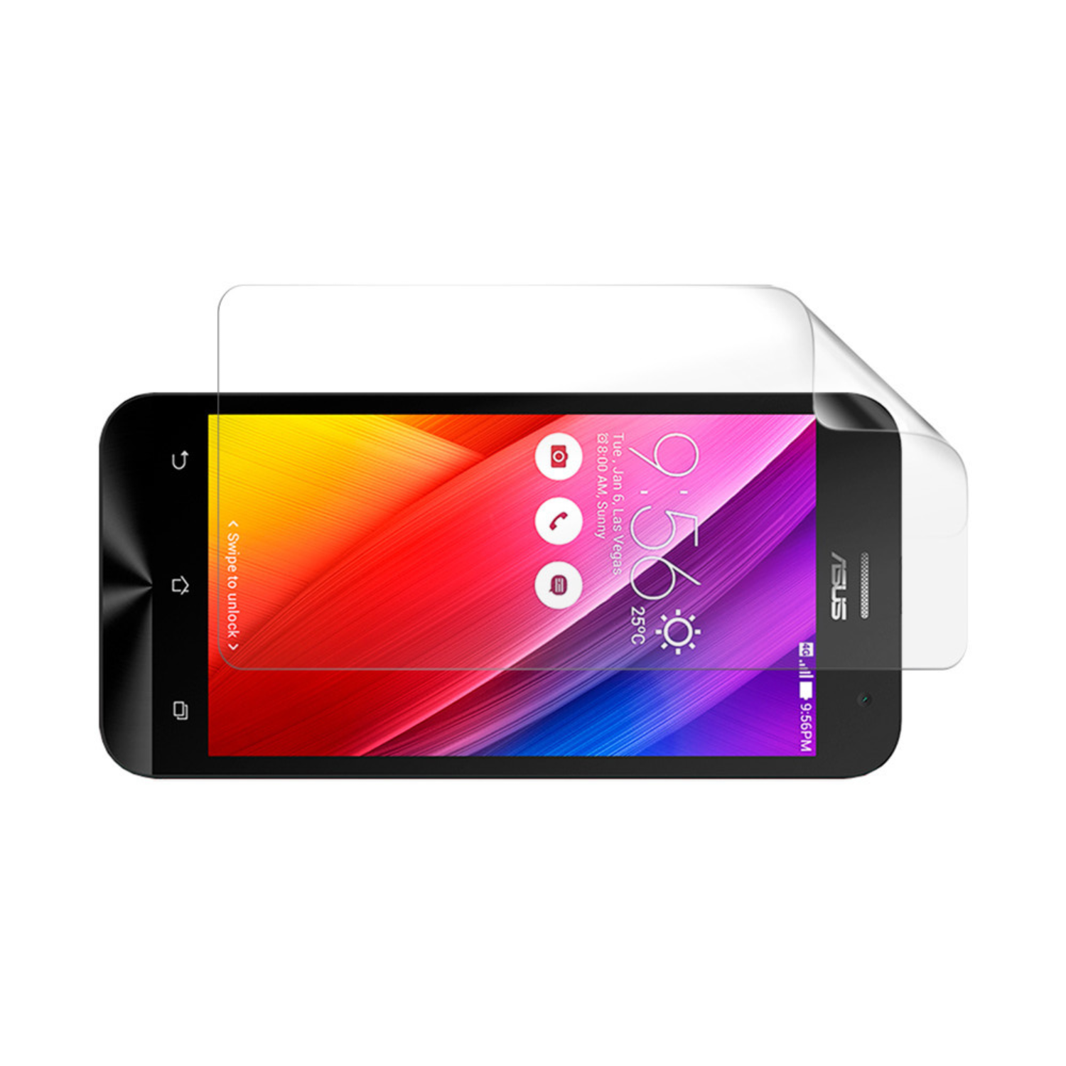 Two clear hydrogel screen protectors for Asus Zenfone 2 ZE500CL by 9eight5, showing the protective film and packaging.