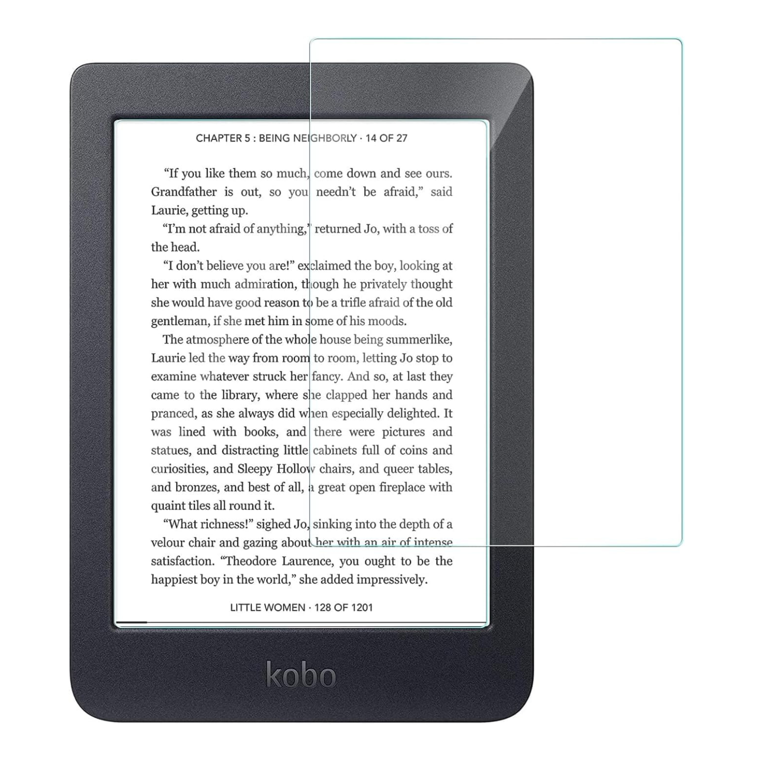 Hydrogel screen protector for Kobo Clara HD by 9eight5, showing the clear, flexible film applied to the e-reader screen.