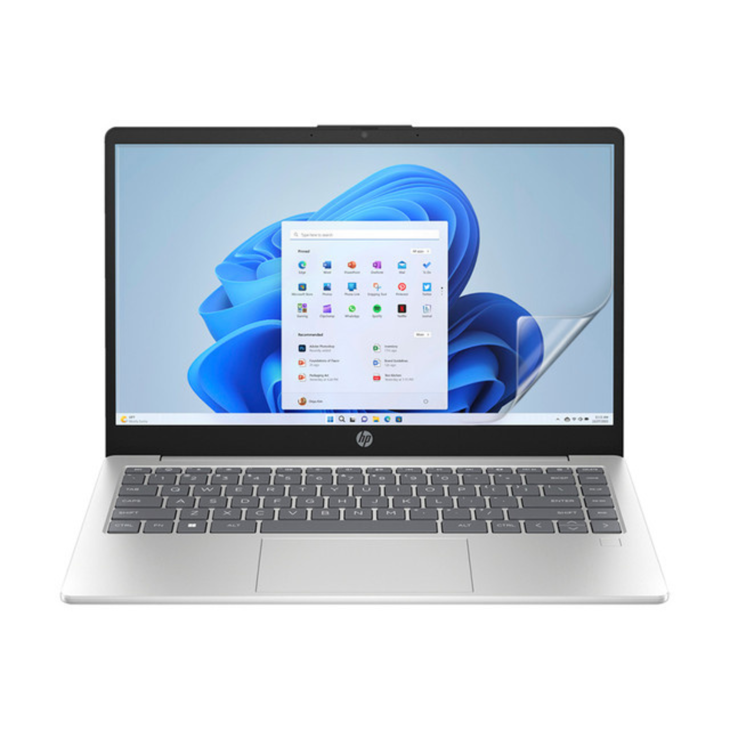 Two 9eight5 hydrogel screen protectors for HP 14 ep0000 laptop, showing clear, flexible protective film on screen.