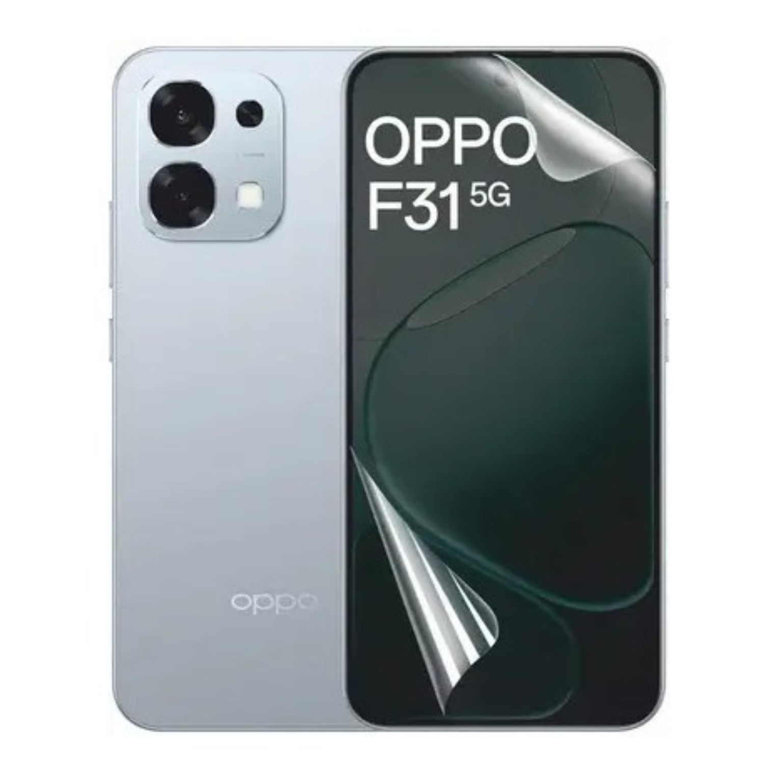 Hydrogel screen protector for OPPO F31 5G by 9eight5, showing clear, flexible film covering the phone screen.