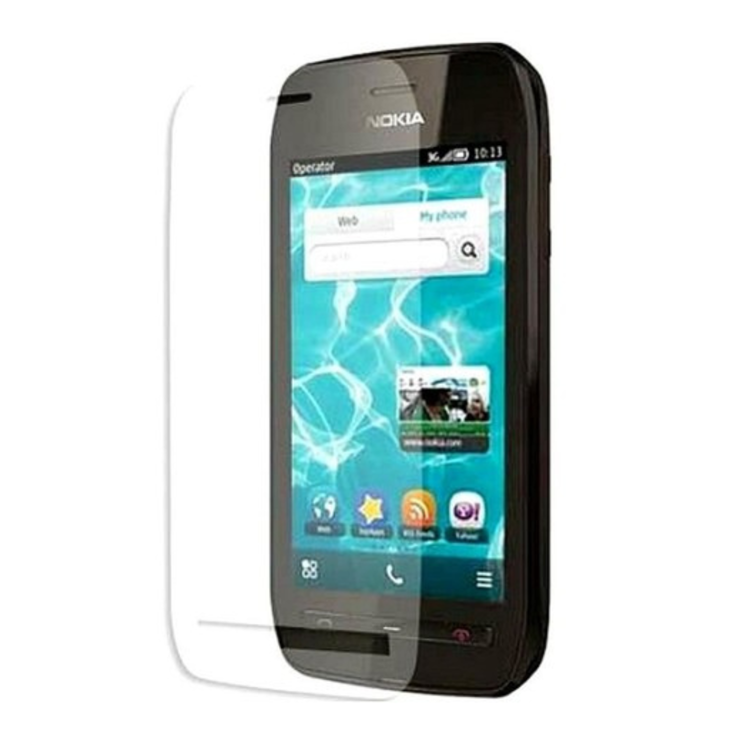 Hydrogel screen protector for Nokia 603 by 9eight5, showing clear, flexible film covering the phone screen for protection.