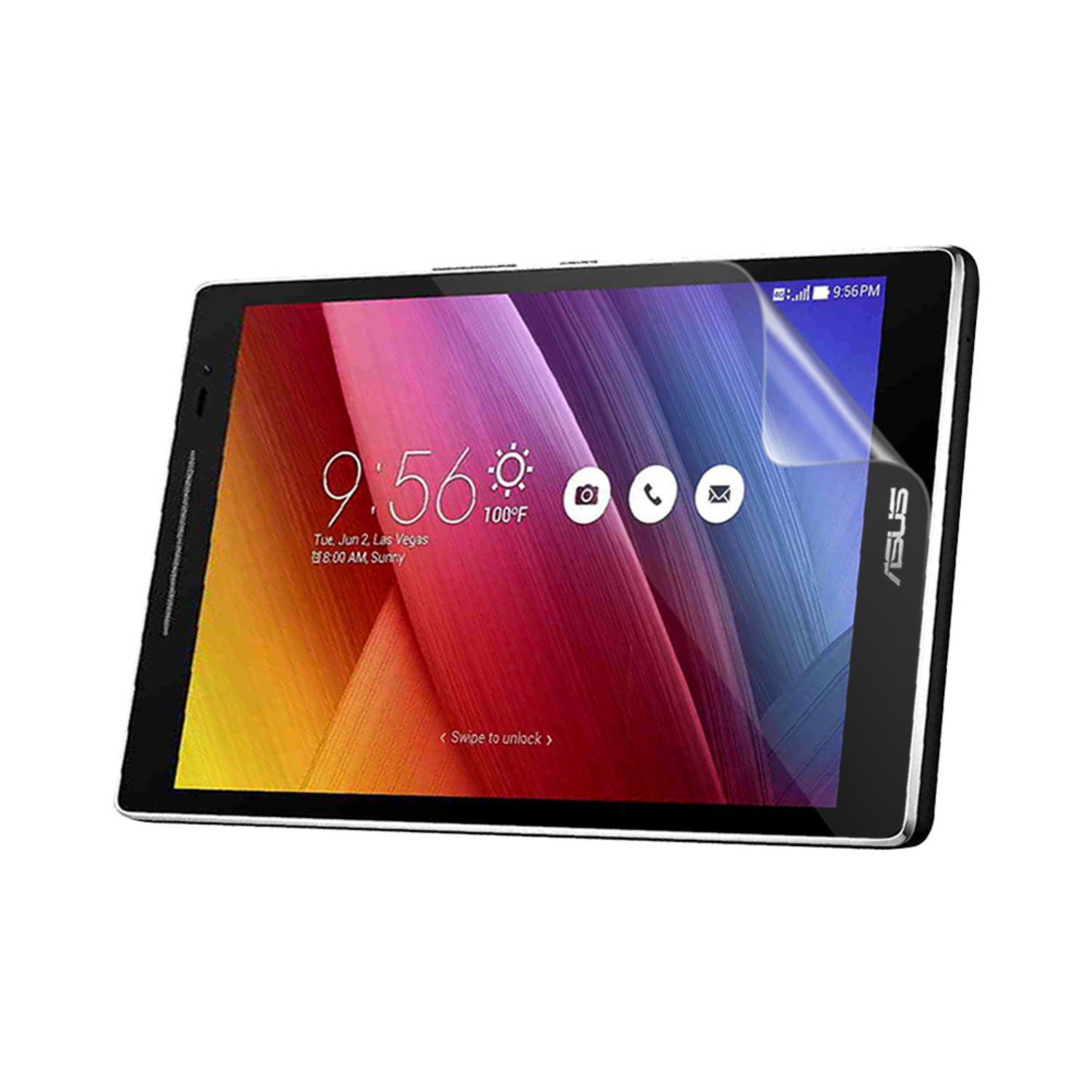 9eight5 hydrogel screen protector on Asus Zenpad S 8.0 Z380KL, showing a clear, flexible layer fitting the tablet screen perfectly.