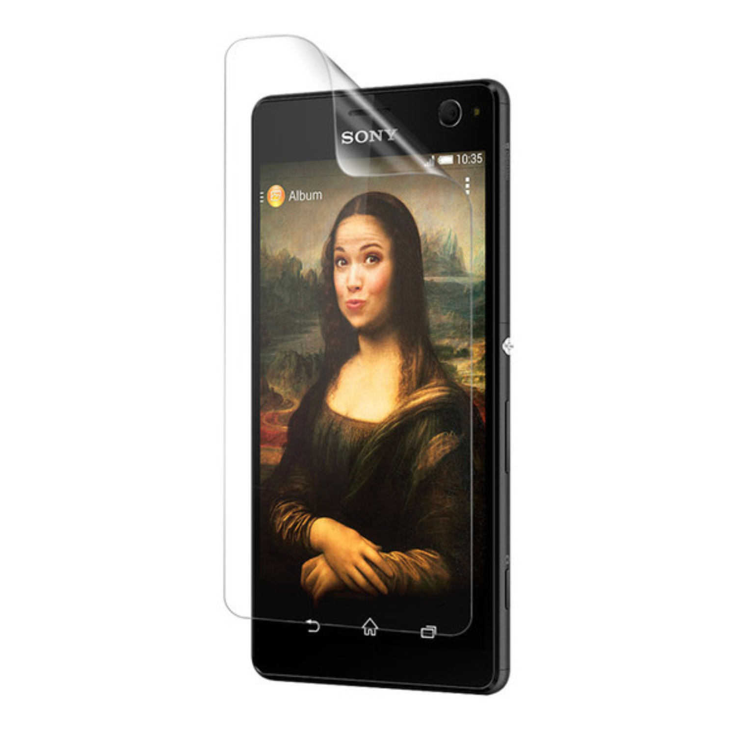 Hydrogel screen protector for Sony Xperia C4 by 9eight5, showing a clear, flexible film covering the phone screen.