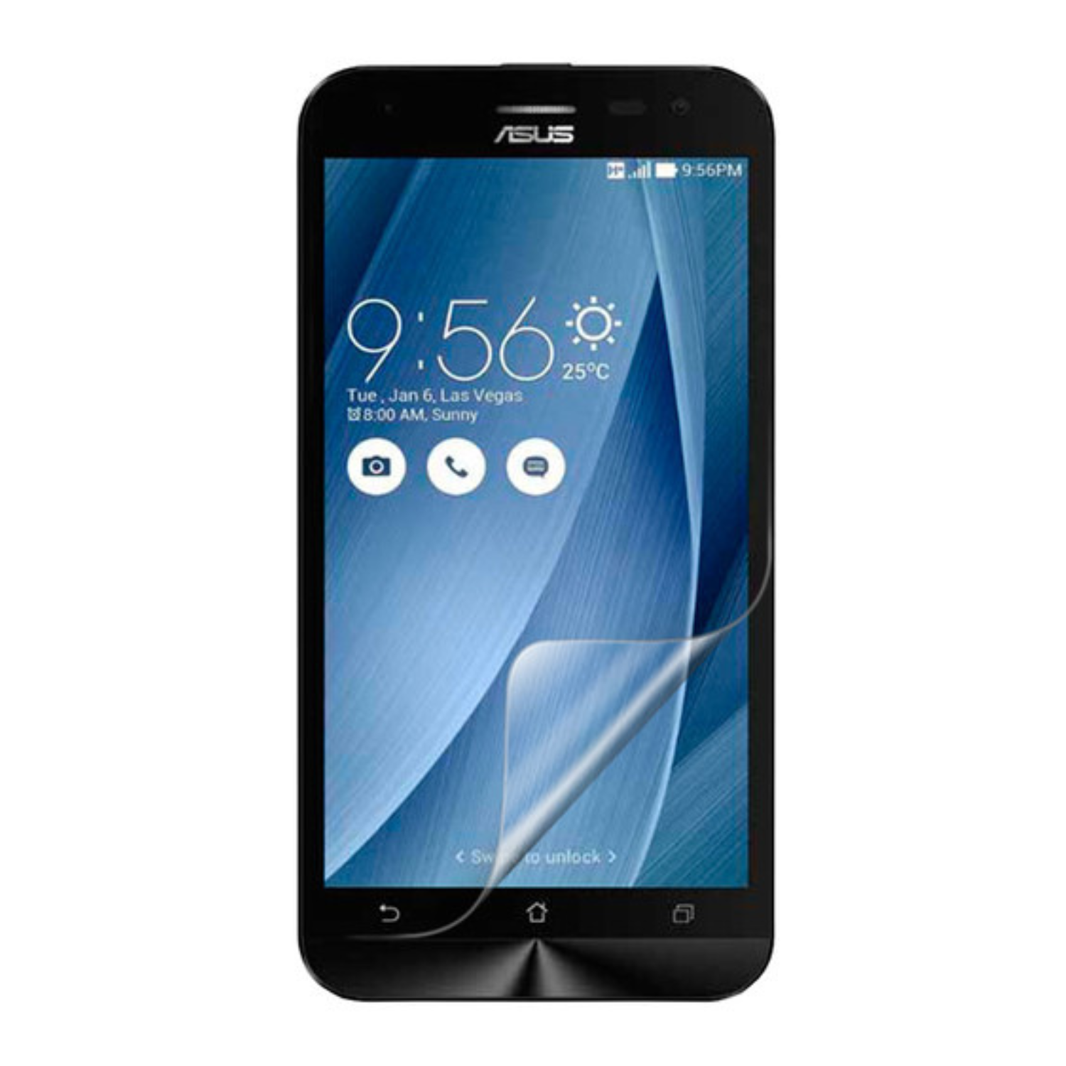 9eight5 hydrogel screen protector for Asus Zenfone 2 Laser ZE500KG, showing a clear, flexible layer fitting over the phone screen.