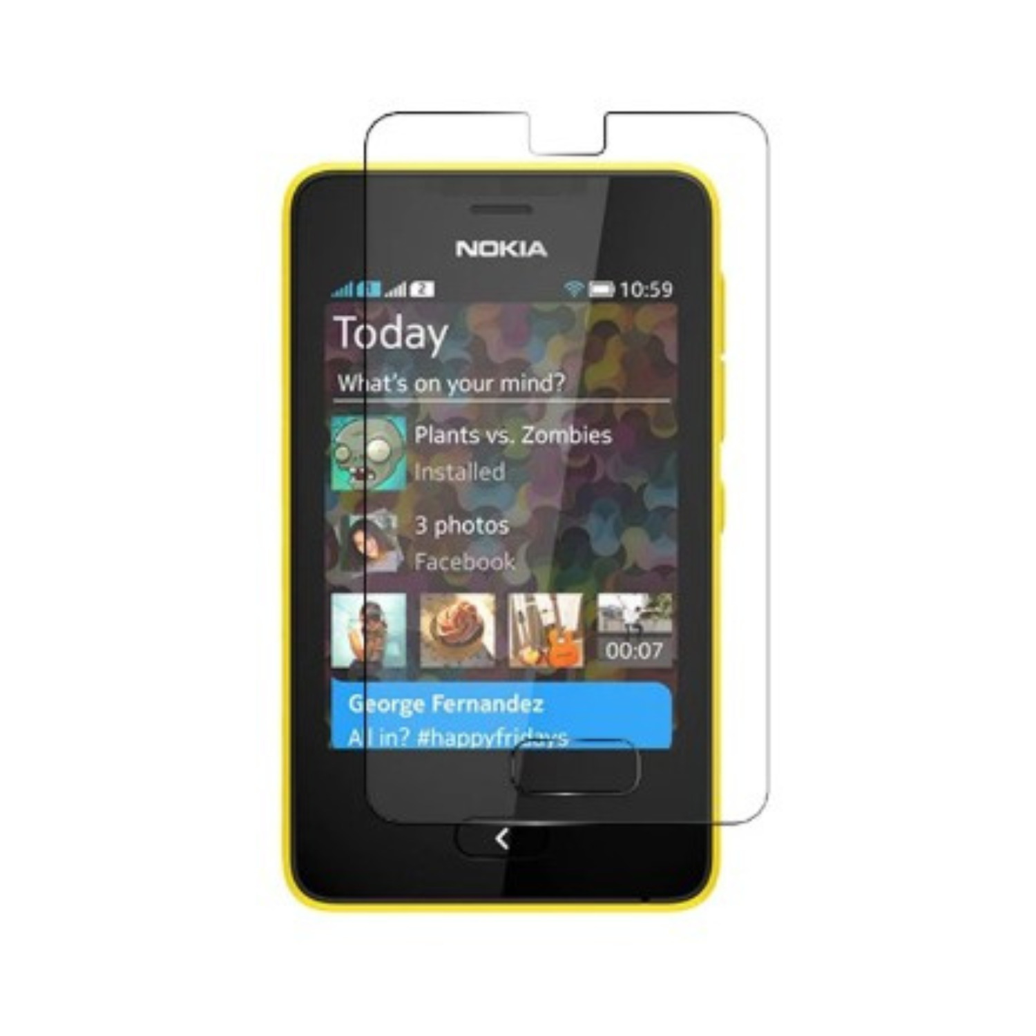Two 9eight5 hydrogel screen protectors for Nokia Asha 501, clear and flexible, in packaging, designed to protect the phone screen.