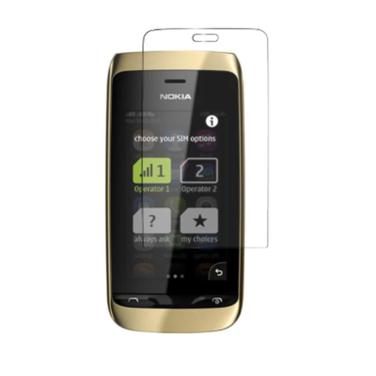 Hydrogel screen protector for Nokia Asha 310 by 9eight5, showing a clear, flexible film covering the phone screen for protection.