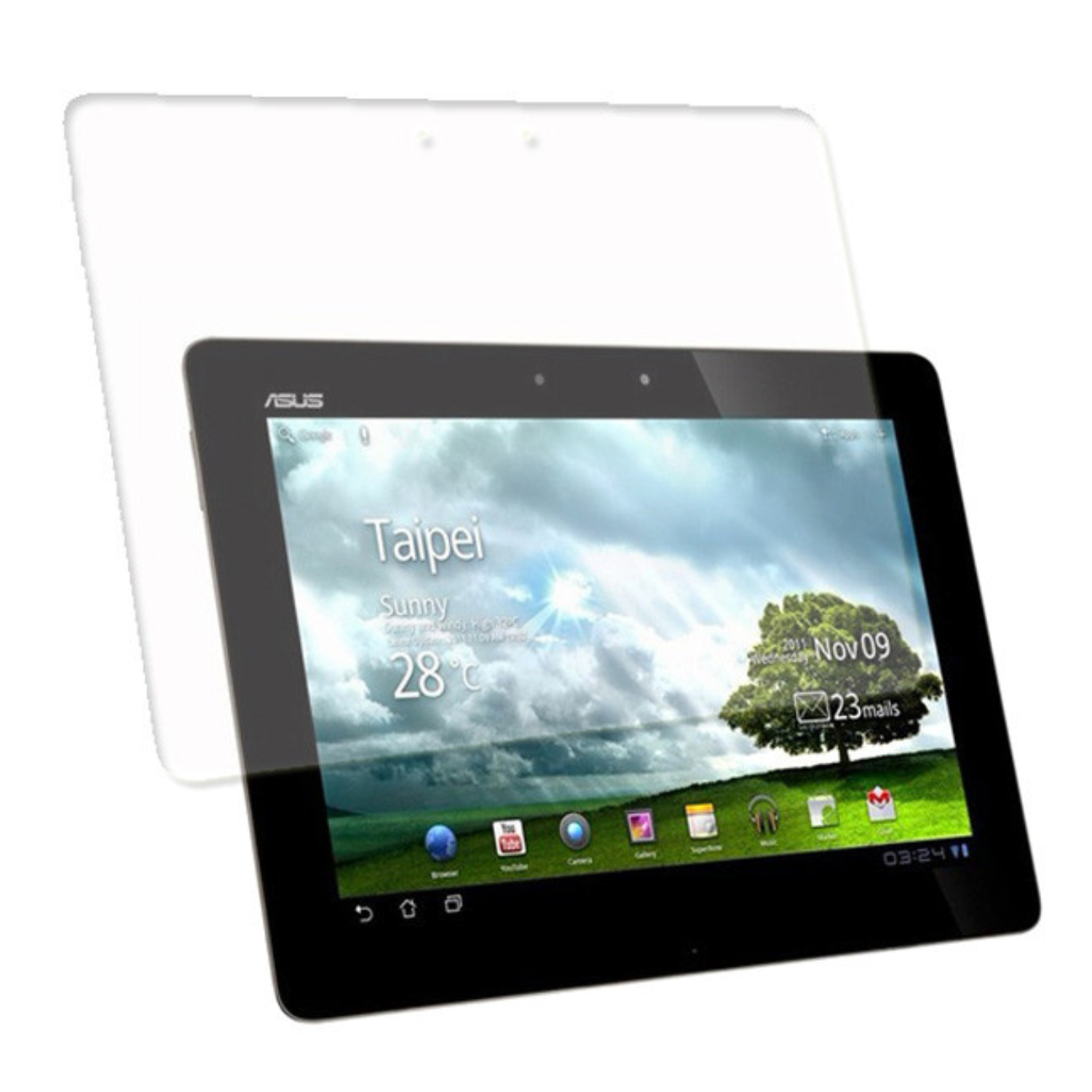 Two 9eight5 hydrogel screen protectors for Asus Transformer Prime TF201, showing clear, flexible film covering a tablet screen.