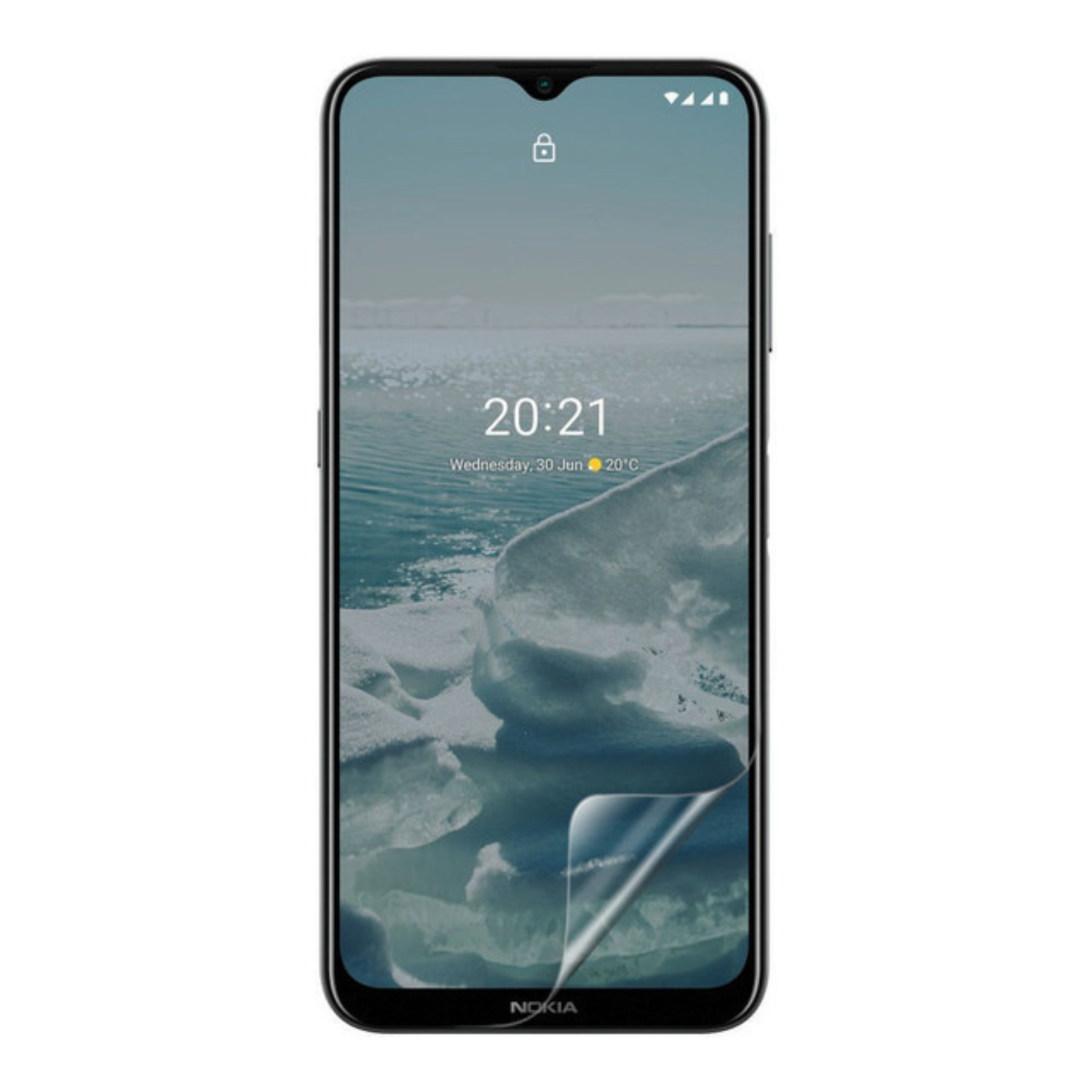 Hydrogel screen protector for Nokia G20, transparent and flexible, designed by 9eight5 to shield the phone screen from scratches.