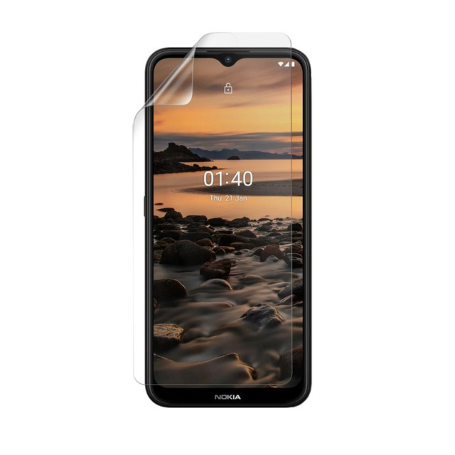 Clear hydrogel screen protector for Nokia 1.4 by 9eight5 showing the transparent film ready to apply on the phone screen.