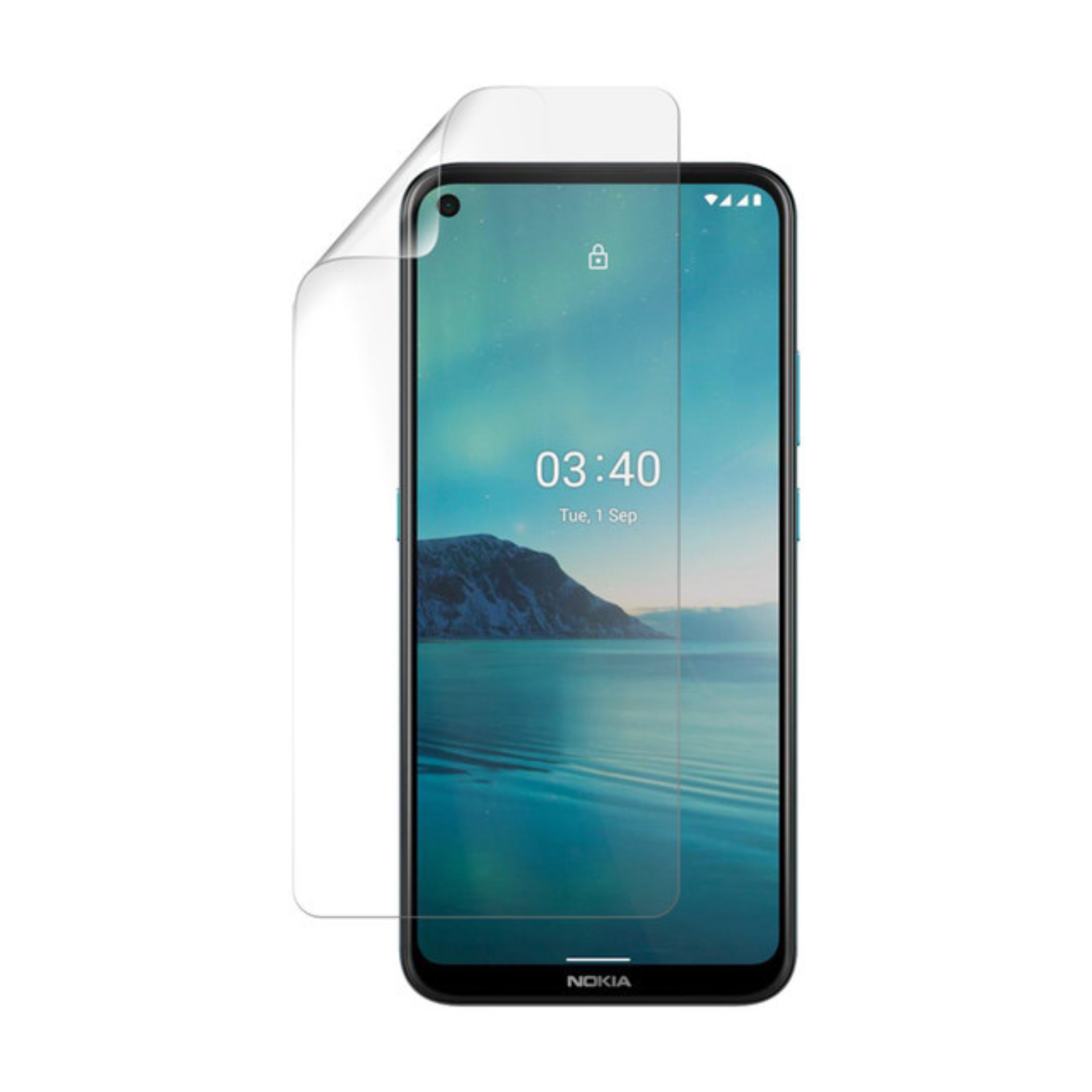 Hydrogel screen protector for Nokia 3.4 by 9eight5, showing a close-up of the transparent, flexible film applied to a smartphone screen.