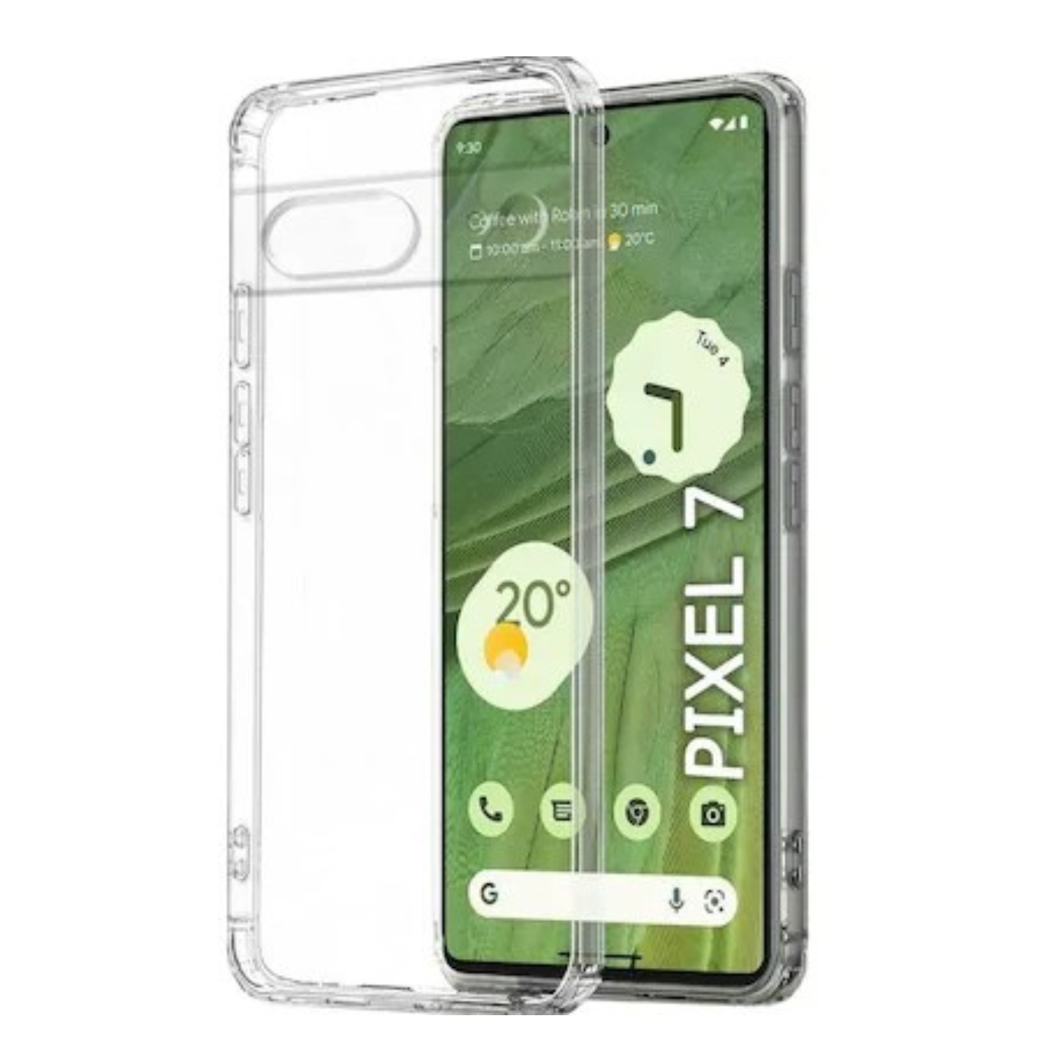 Clear silicone case for Google Pixel 7 with built-in screen protector by 9eight5, showing the sleek, transparent design on the phone.