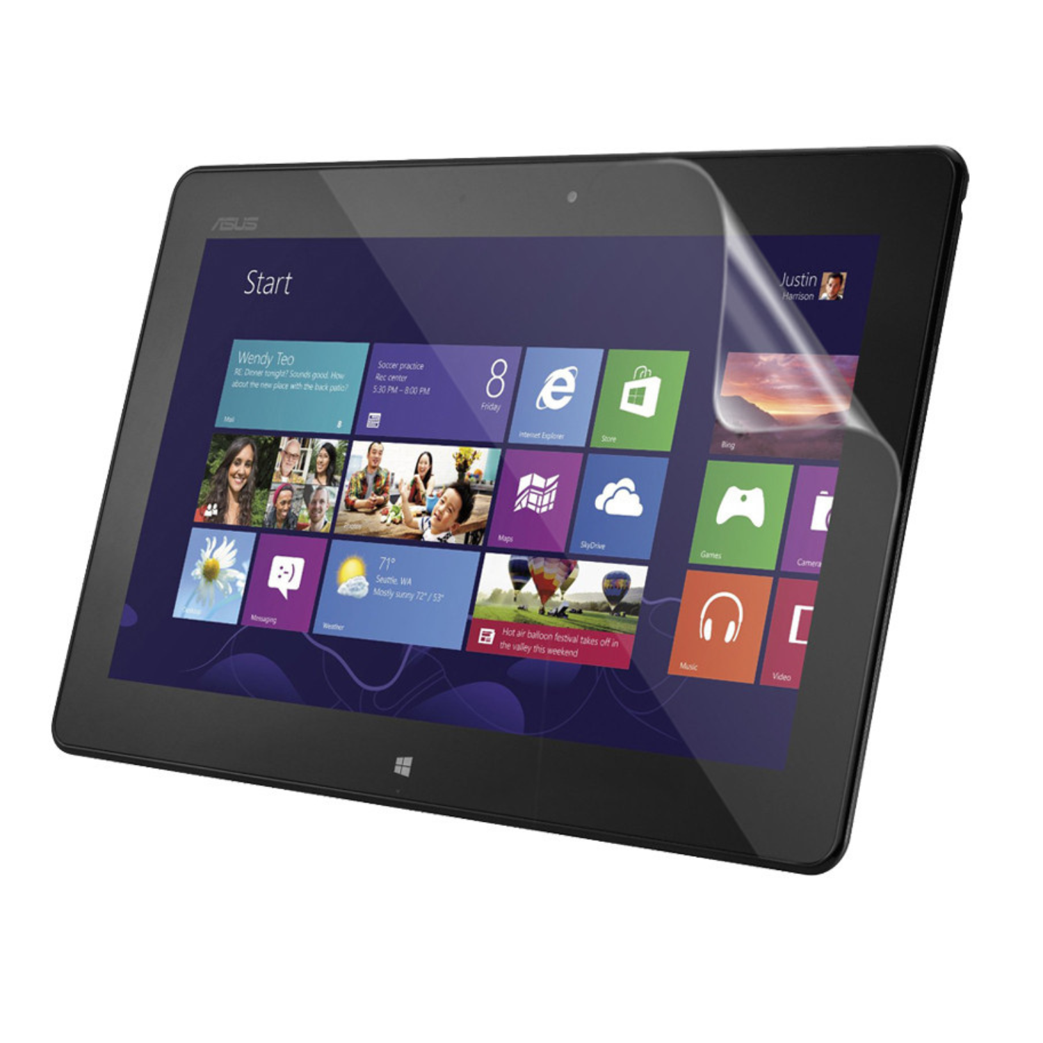 Hydrogel screen protector for Asus VivoTab RT TF600T, by 9eight5, showing the transparent film covering the tablet screen.