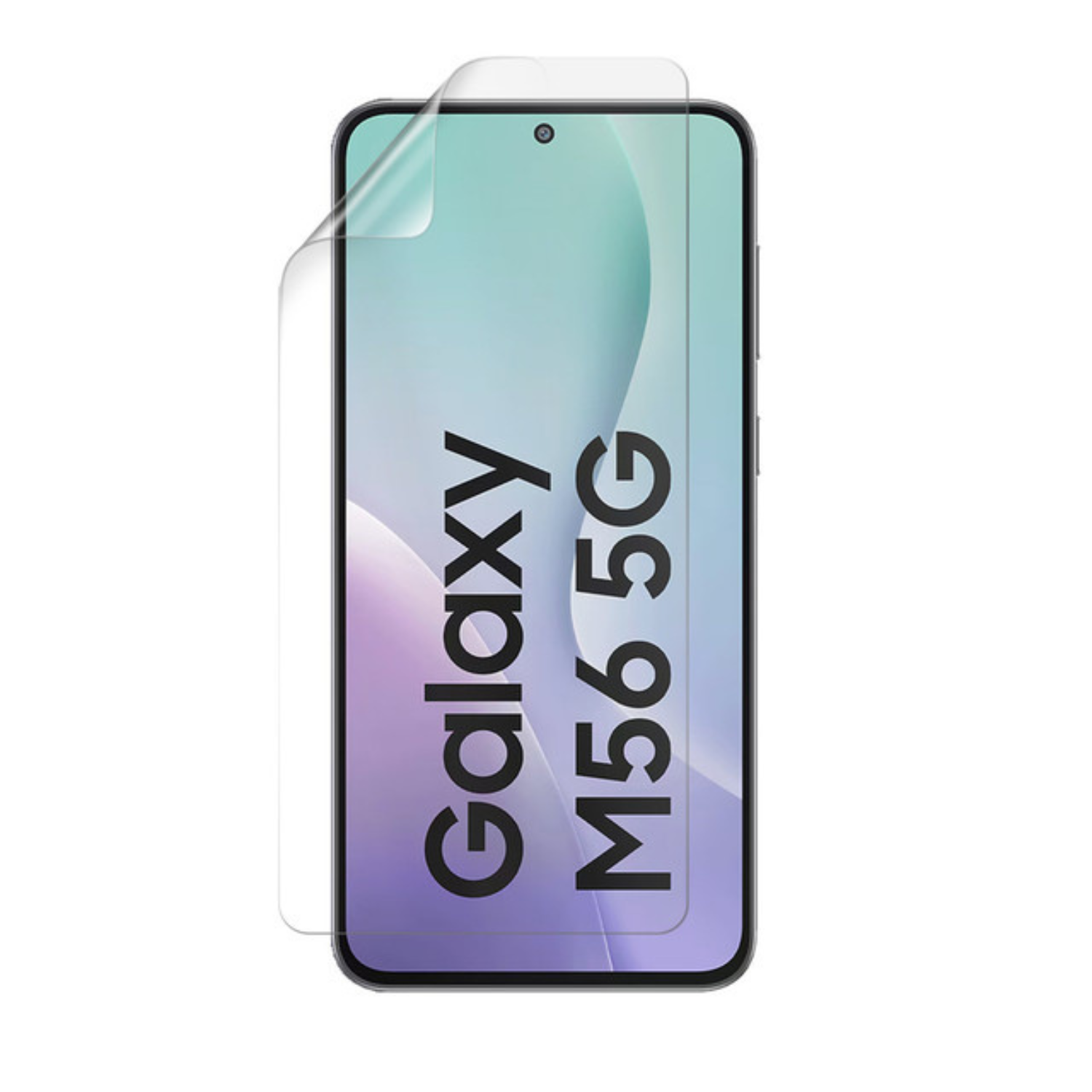 Hydrogel screen protector for Samsung Galaxy M56, showing clear, flexible film with precise cutouts for the 9eight5 brand.