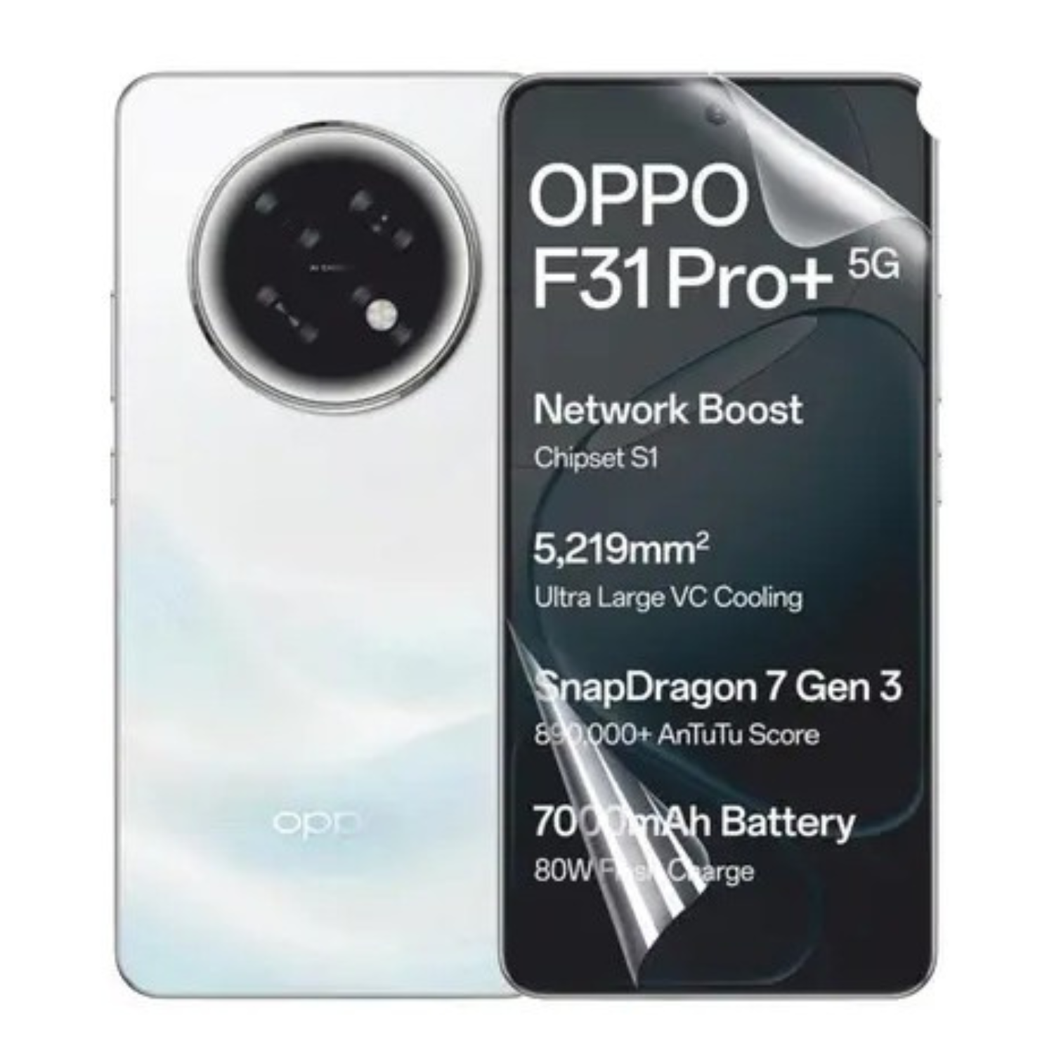 Two clear hydrogel screen protectors for OPPO F31 Pro+ 5G by 9eight5, shown next to each other on a plain background.