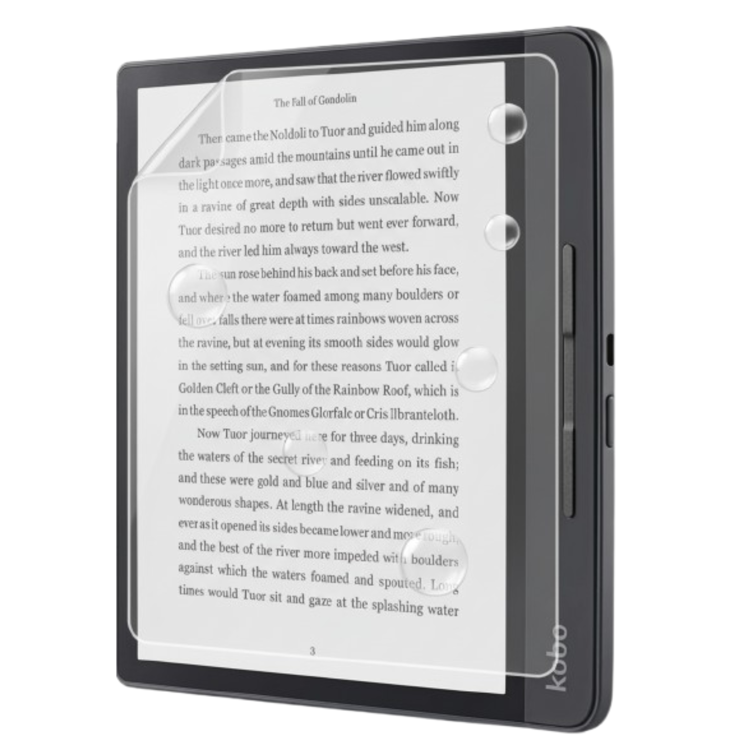 Hydrogel screen protector for Kobo Forma by 9eight5, showing clear, flexible film covering the e-reader screen with precise edges.