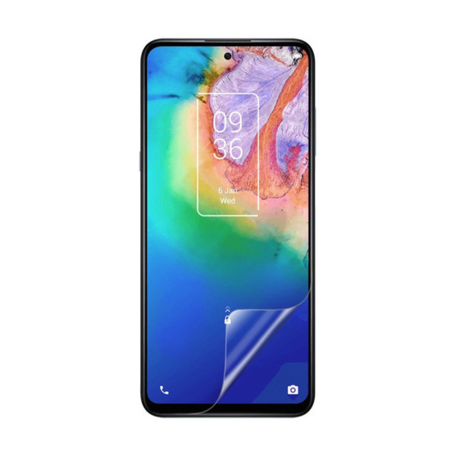 Hydrogel screen protector for TCL 20 5G, transparent and flexible, designed to protect the phone's display from scratches and impacts.