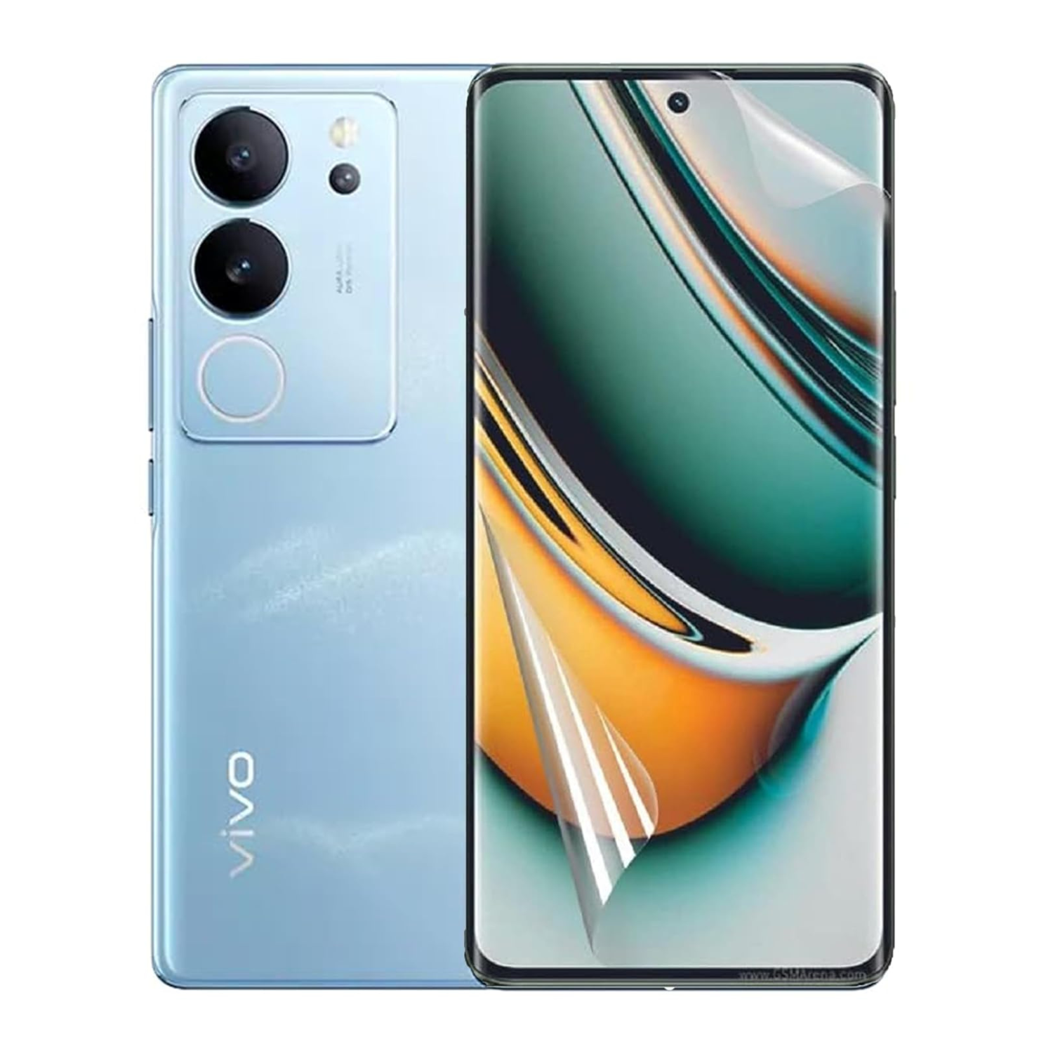 Hydrogel screen protector for Vivo V29 Pro by 9eight5, shown on a smartphone screen, packaged in a set of two.