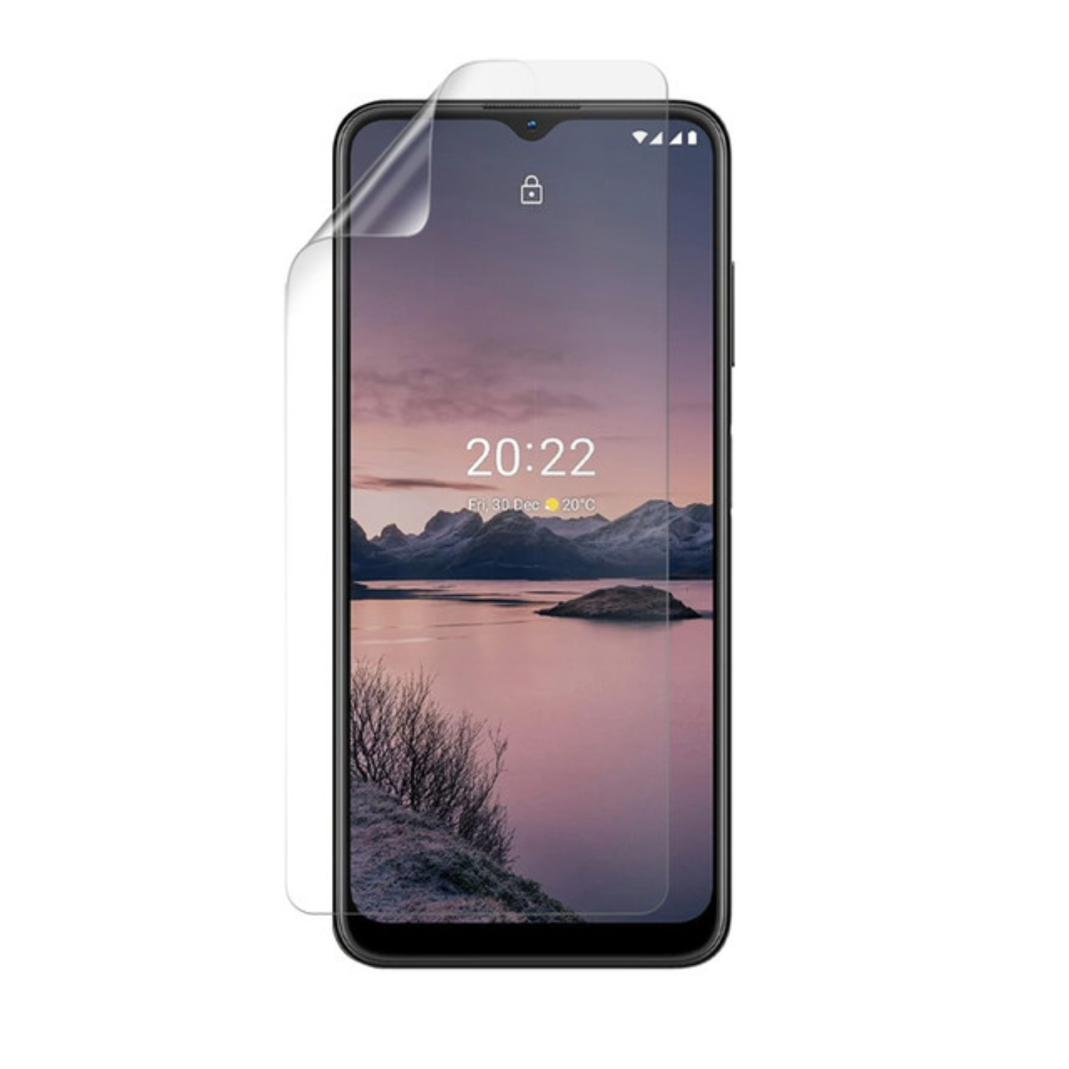 Hydrogel screen protector for Nokia G21 by 9eight5, showing a clear, flexible film covering the phone screen in a pack of two.