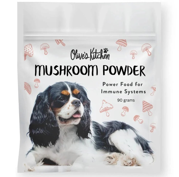 Doggy Daily Mushroom Powder by Animal Addiction Limited with turkey tail mushroom, shown in a jar on a kitchen countertop.