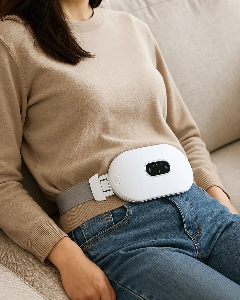Crimson period pain relief heat belt showing adjustable strap and heating pad for on-the-go menstrual pain relief.
