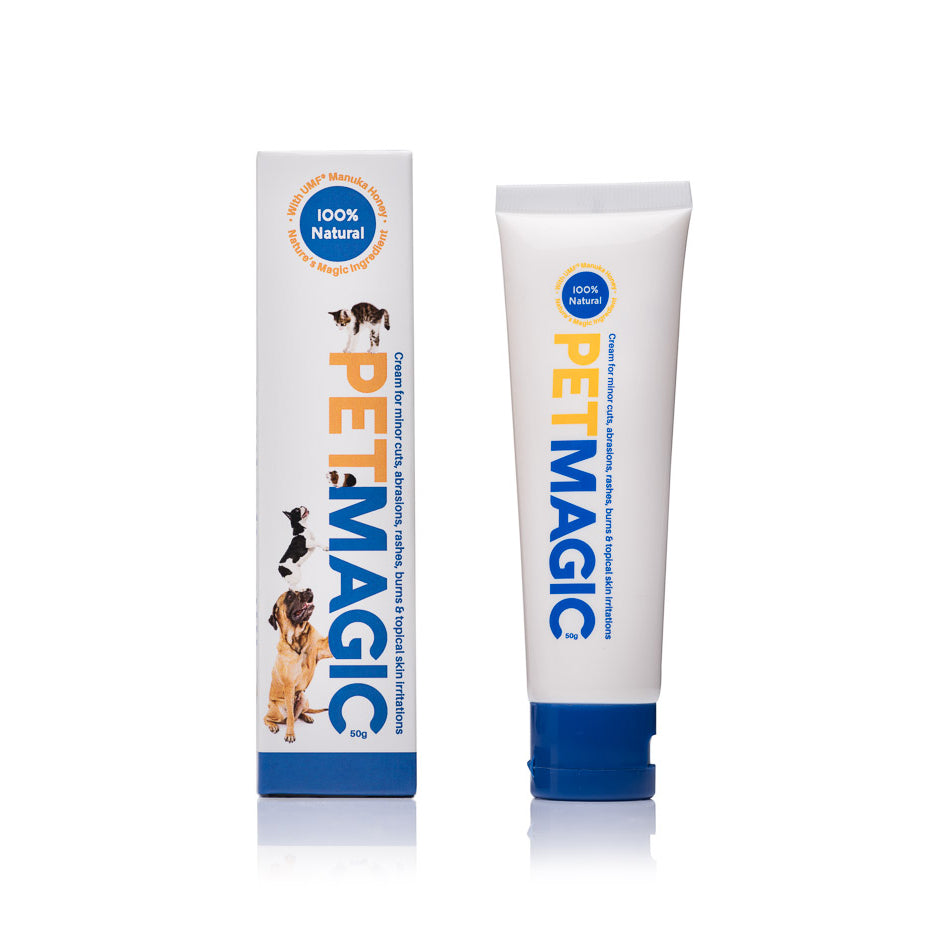 Pet Magic pet cream from The Honey Collection, showing the jar and product label with natural ingredients and soothing formula.