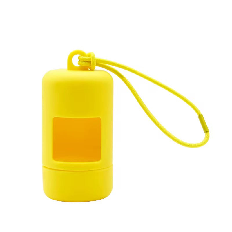 Yellow Walkieez dog poop bag holder dispenser with a compact design for easy carrying during walks.
