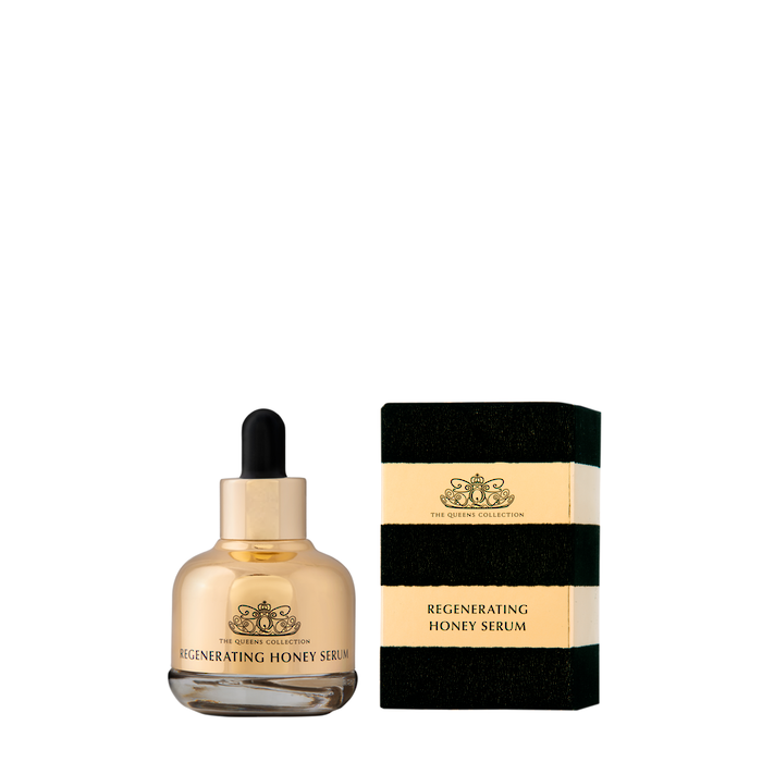 Dropper of The Honey Collection Regenerating Honey Serum for face, showing golden serum in a clear glass bottle with a dropper.