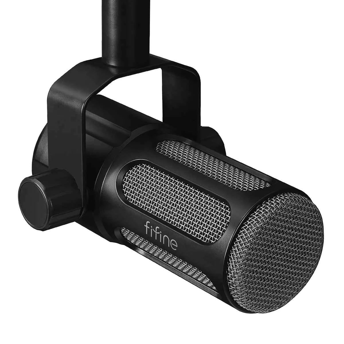 FIFINE dynamic podcast microphone for streaming and recording, shown with black body and adjustable stand on a desk.
