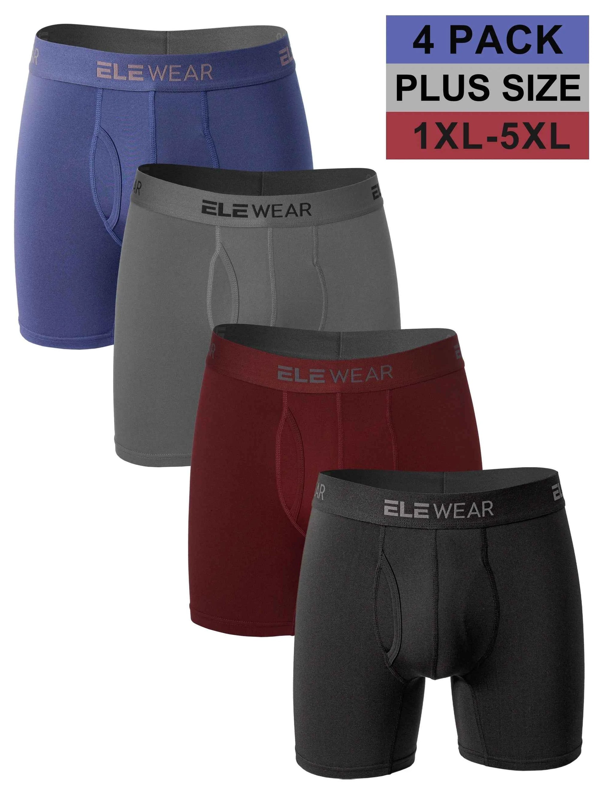 Four breathable men's boxers in plus size 1XL-5XL with front opening, comfortable underwear from ShopHub NZ, shown in black and gray.