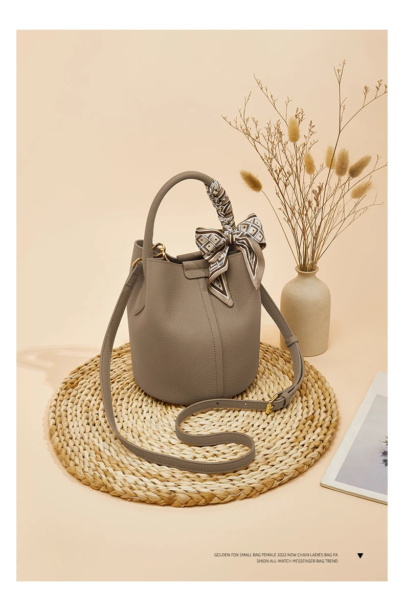 FOXER Women Shoulder Bag Crossbody Handbag Lady Genuine Leather+ Microfiber Fashion Bucket Bag Gift for Lover
