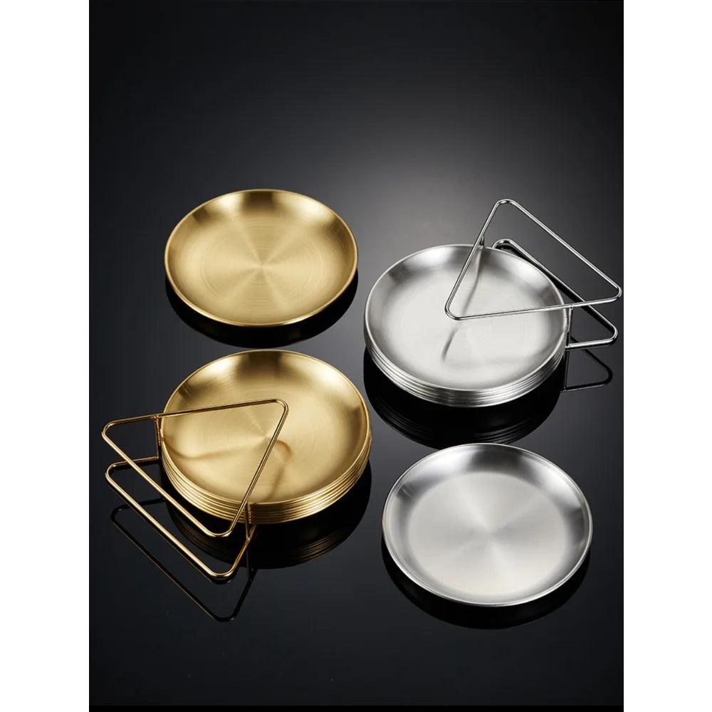 6Pcs Stainless Steel Plates Set with Storage Rack for BBQ Camping Kitchen Accessories