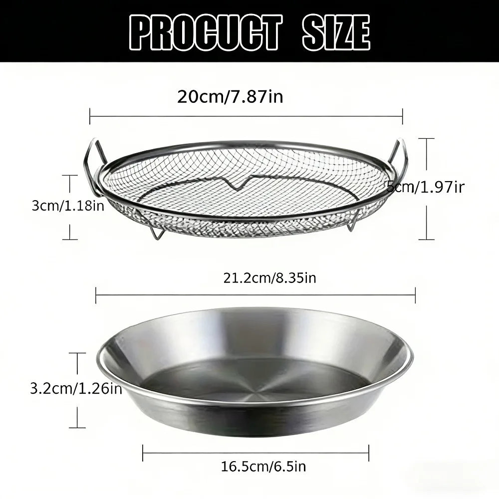Stainless steel oil filter tray with handle and 20cm strainer basket for frying, ideal for filtering and draining cooking oil.
