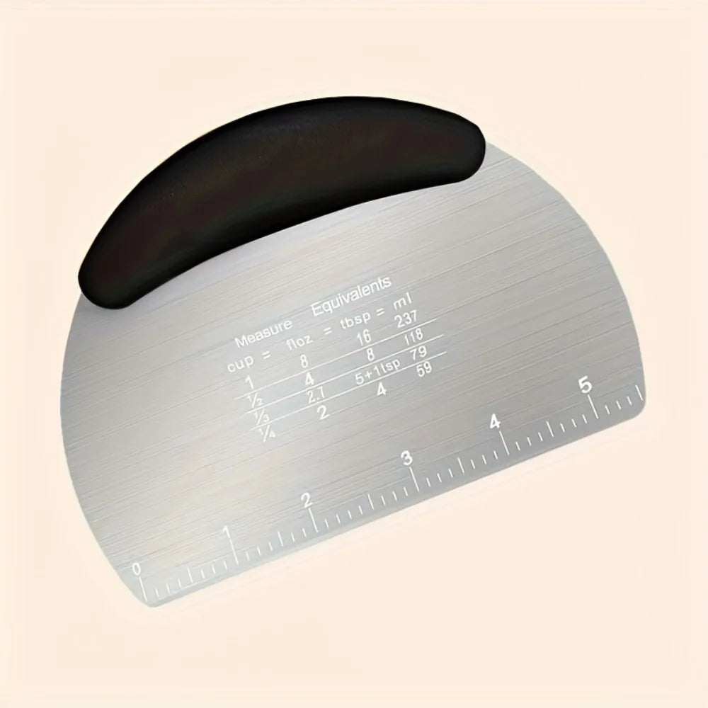 Stainless steel dough scraper cutter from ShopHub NZ with a flat edge, used for cutting and handling dough on baking surfaces.