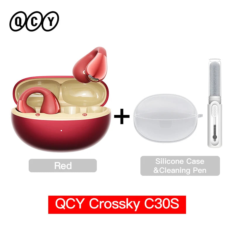 QCY C30S open ear Bluetooth headphones with LDAC technology and 40-hour playtime, shown wearing over the ears