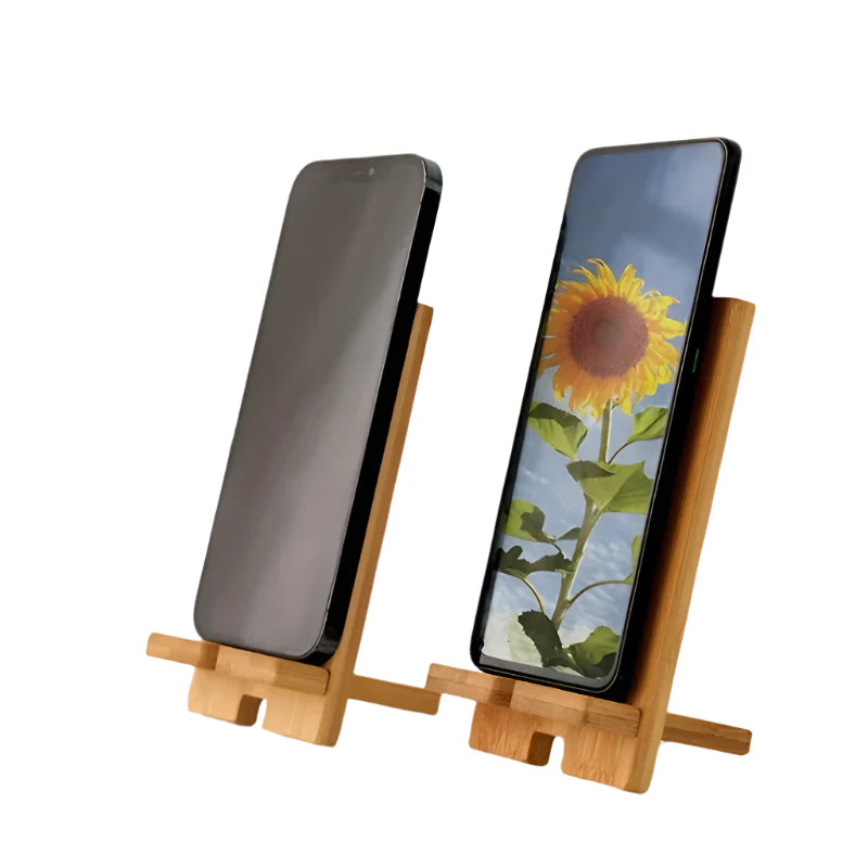 Habicare 9eight5 bamboo phone stand displaying a sleek, eco-friendly design for hands-free phone use on a flat surface.