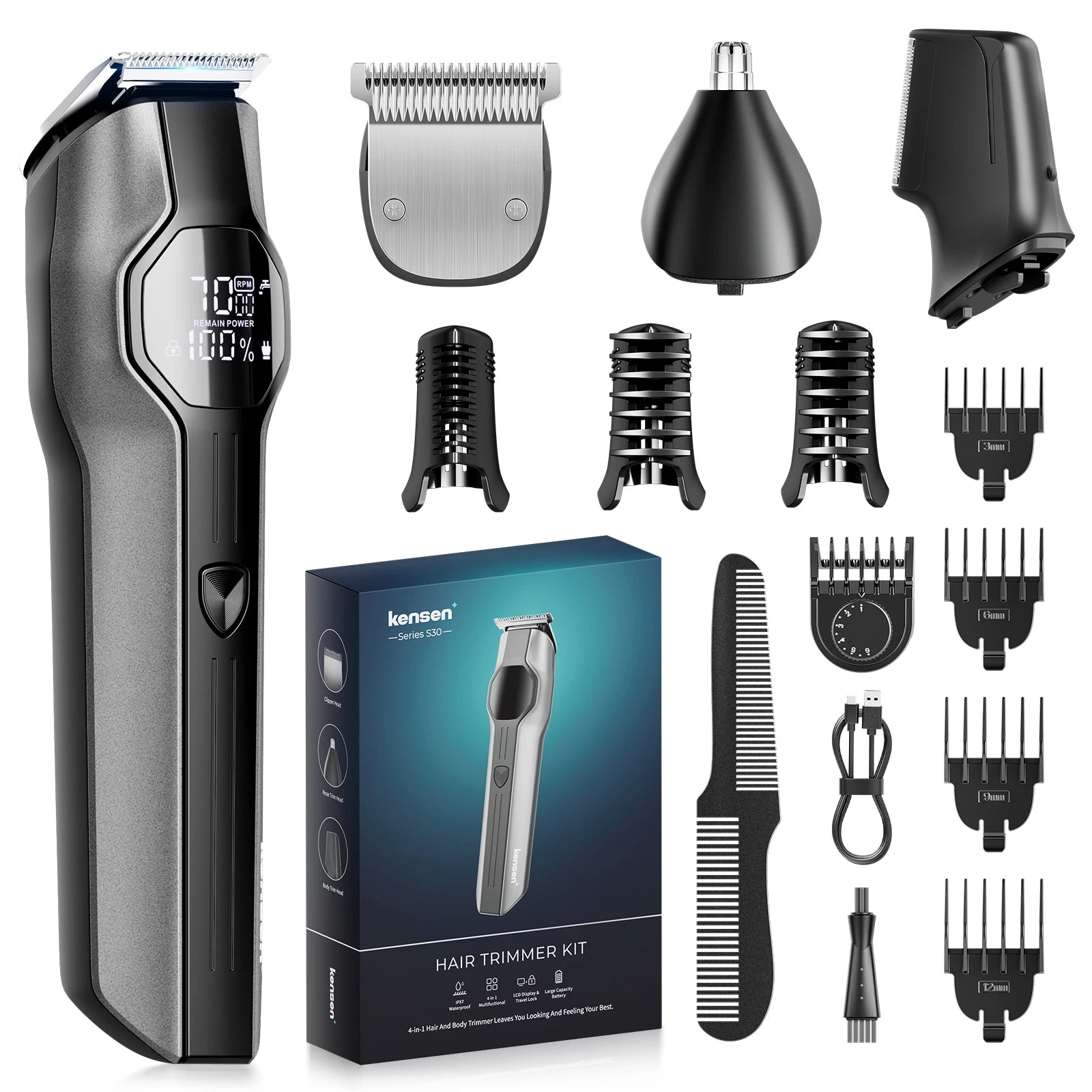 Kensen S30 4-in-1 cordless hair clipper, versatile grooming tool with multiple attachments for styling and trimming hair.