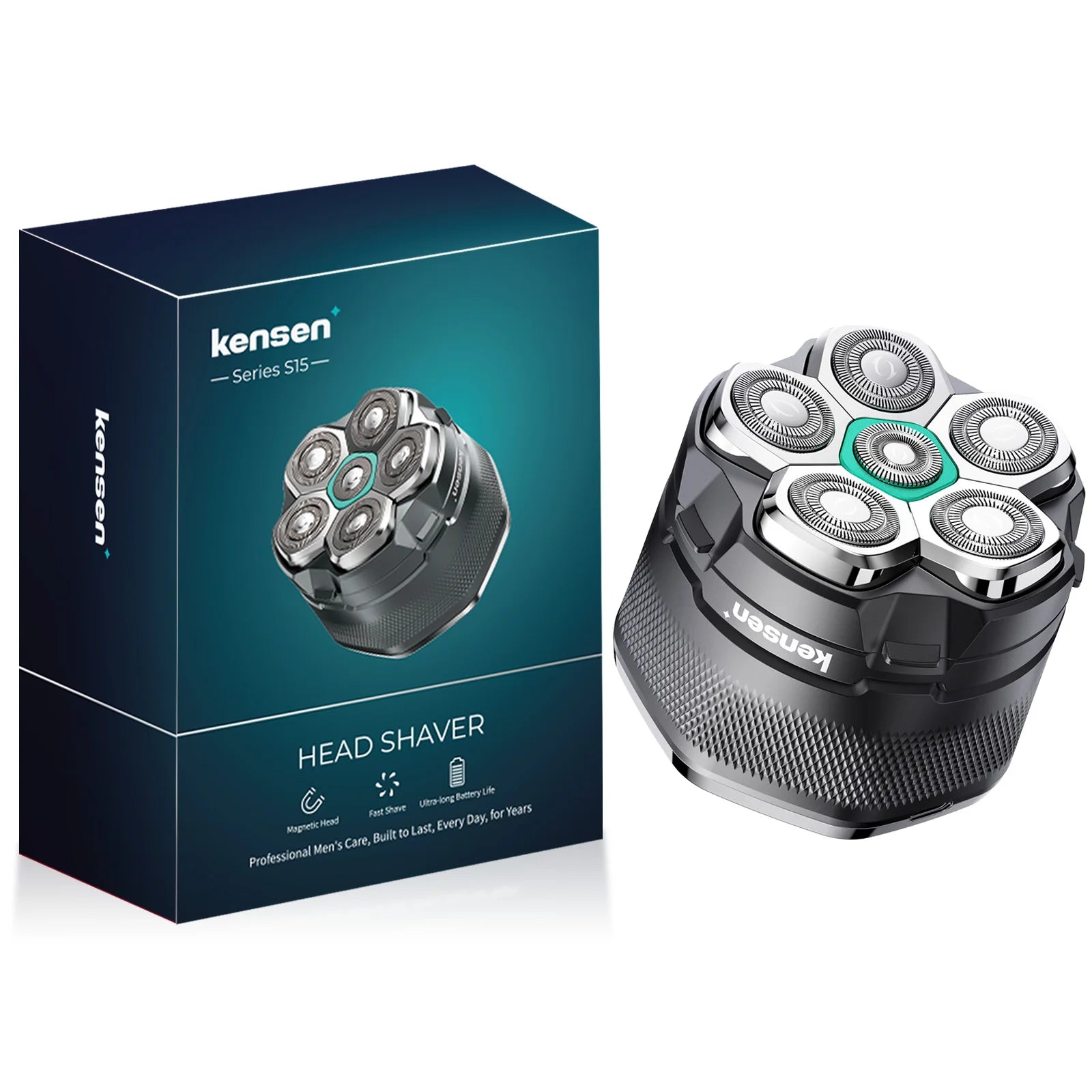 KENSEN S15 Electric Head Shaver with hair crimpers attachment, black and silver design, close-up of the device on a white background