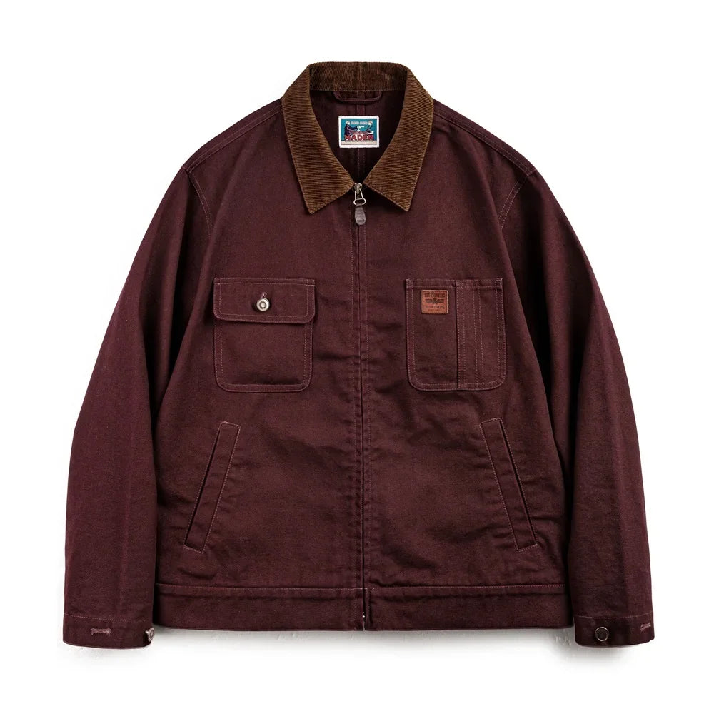 Maden Retro Heavyweight Canvas Detroit Jacket Corduroy Collar Hunting Short Zip-Up Jacket with Pockets Men's Autumn Outerwear