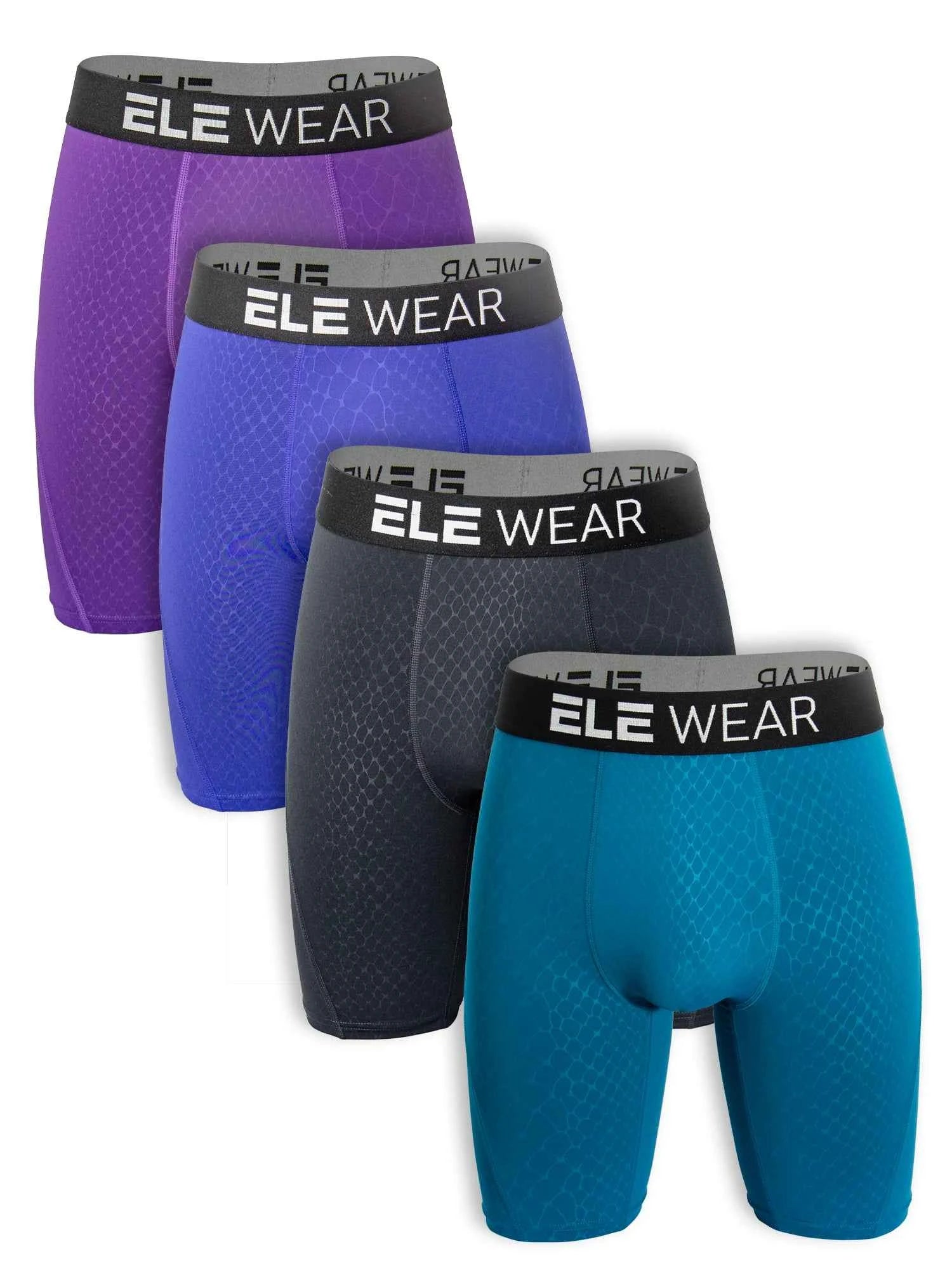 Four men's breathable boxer shorts in plus size, lightweight and comfortable underwear, shown in black and gray colors.
