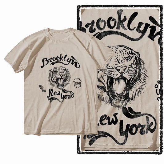 G41 Beige Vintage 100% Cotton Tiger Printed Men's T-shirt | Streetwear Big Size Cool O-neck men's Tee Tshirt