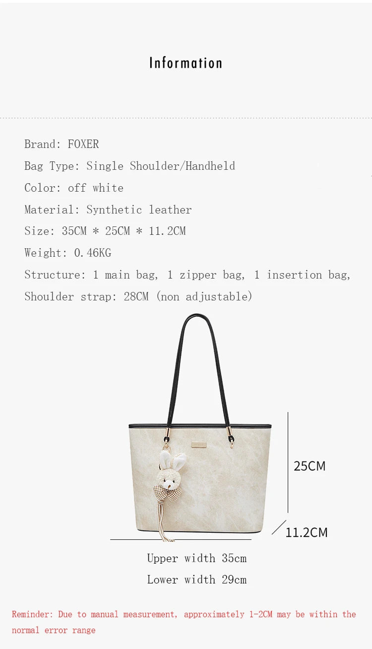 FOXER Designer Women's Tote Bag High Quality PVC Leather Female Handbag Trendy Casual Commuter Shoulder Bag with Pendant