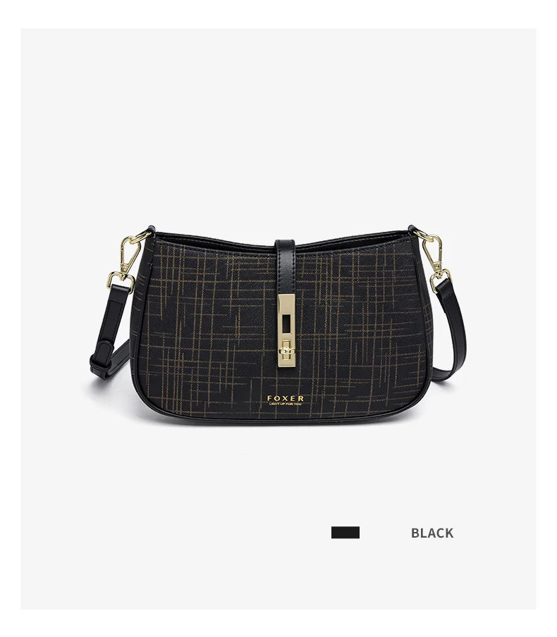 FOXER Cowhide Leather Women Baguette Shoulder Bag Light Luxury Ladies Crossbody Bag Fashion Sling Purse for Daily Dating Use