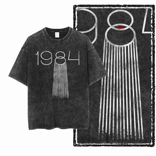 G02 Exclusive 100% Cotton Big Size 1984 Graphic Men T-shirt | Acid Washed Streetwear Cool Vintage O-neck Men's Tee Tshirt
